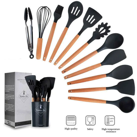 Silicone Kitchenware Non-Stick Cookware Kitchen Utensils Set Spatula Shovel Egg Beaters Wooden Handle Cooking Tool Set