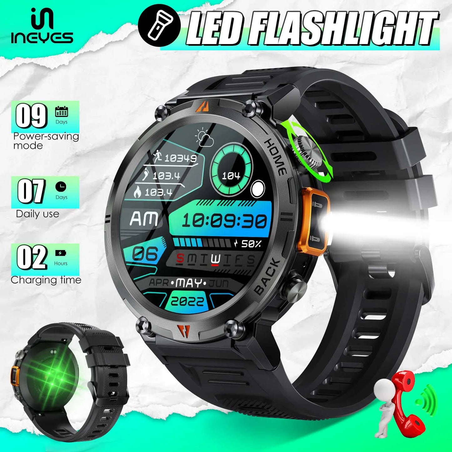 Bluetooth Call Smart Watch for Men Full Touch Screen Health Monitor Clock With Flashlight