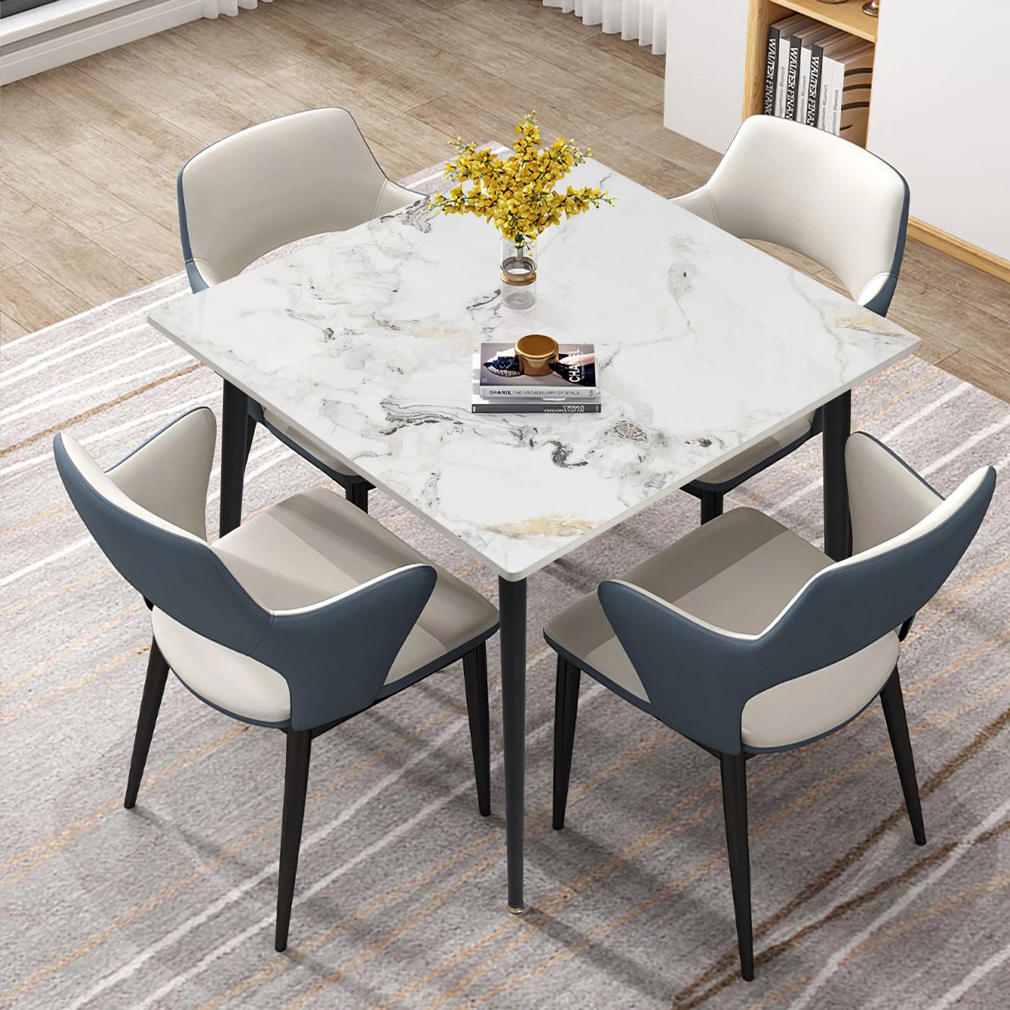 Mid-Century Slate Kitchen Dining Table with Sintered Stone Top and Metal Legs