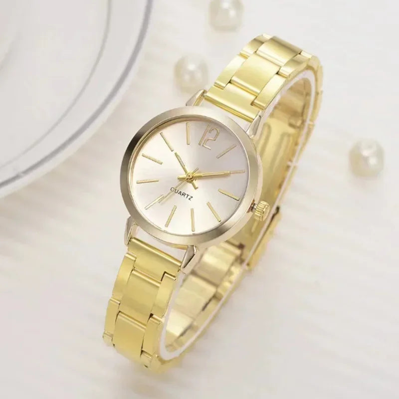 Luxury Watch for Women Simple Round Dial Stainless Fashion Gold Bracelet Quartz