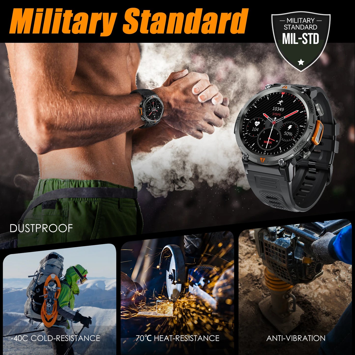 Bluetooth Call Smart Watch for Men Full Touch Screen Health Monitor Clock With Flashlight