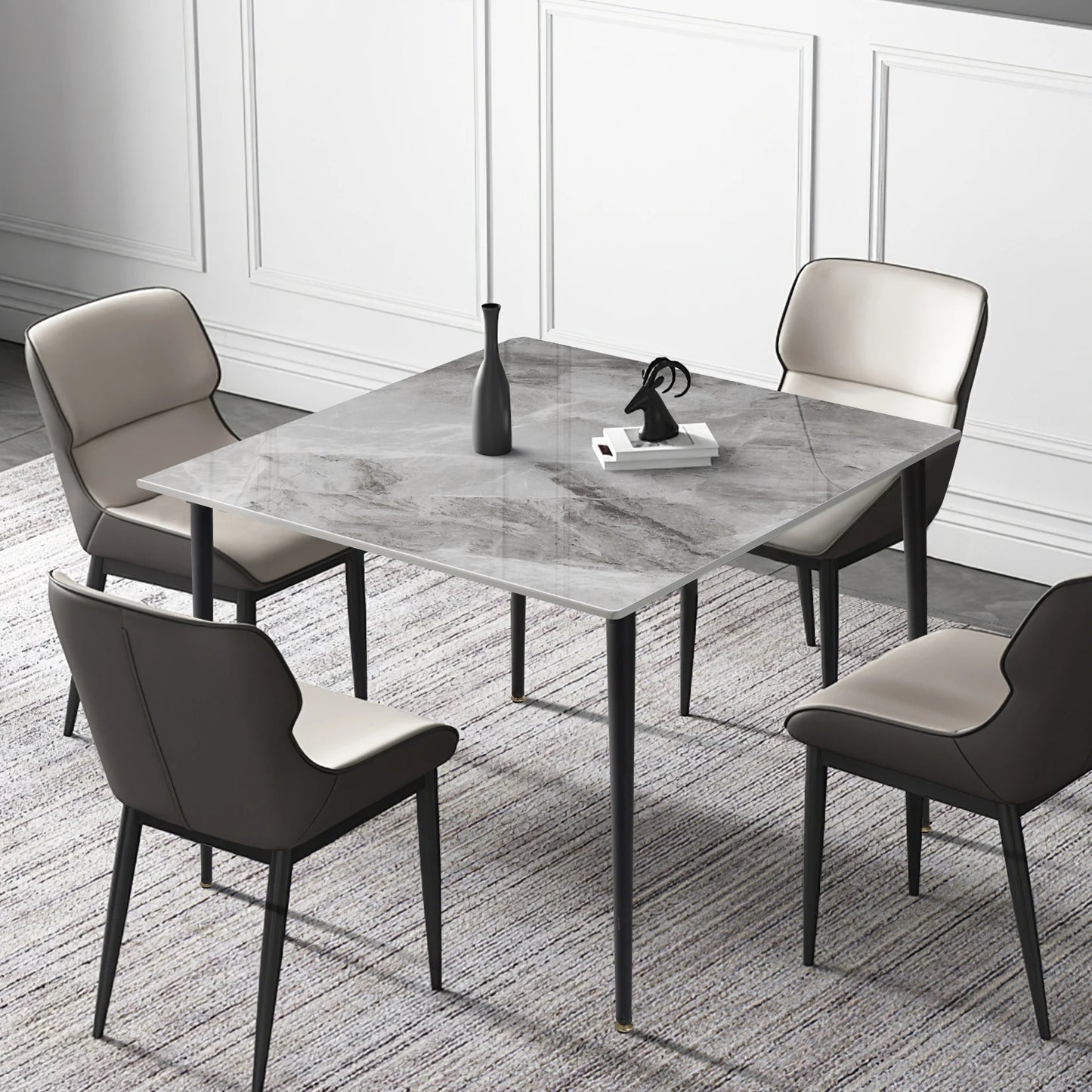 Mid-Century Slate Kitchen Dining Table with Sintered Stone Top and Metal Legs