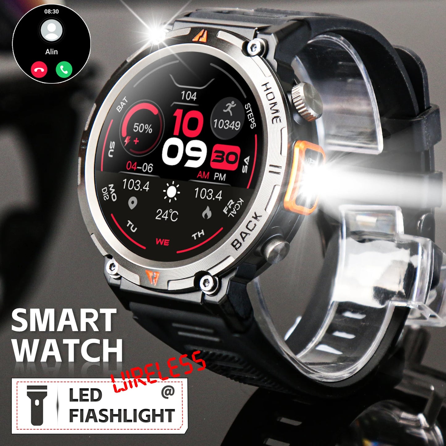 Bluetooth Call Smart Watch for Men Full Touch Screen Health Monitor Clock With Flashlight