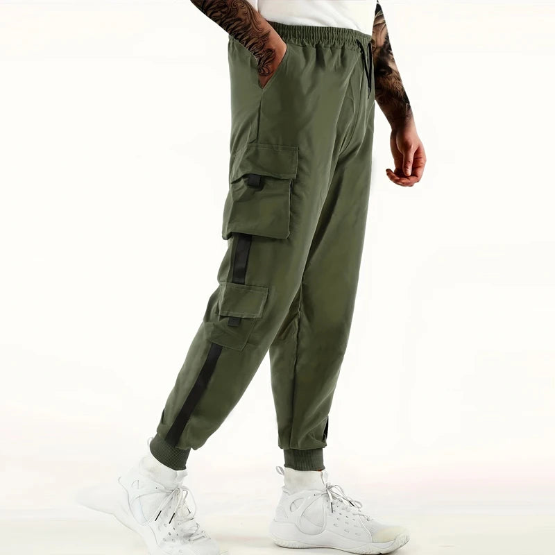 Loose Fit Multi Pocket Joggers For Spring Summer, Men's Street Style Waist Drawstring Casual Cargo Pants For Fitness Outdo