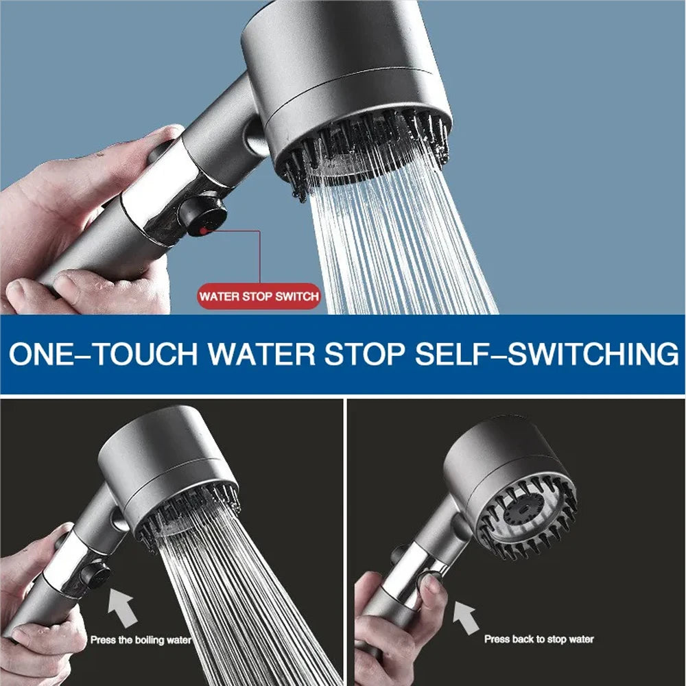 Massage Spa Pressurized Shower Head 3 Modes High Pressure Filter Rainfall Shower One-Key Stop Spray Nozzle Bathroom Accessories