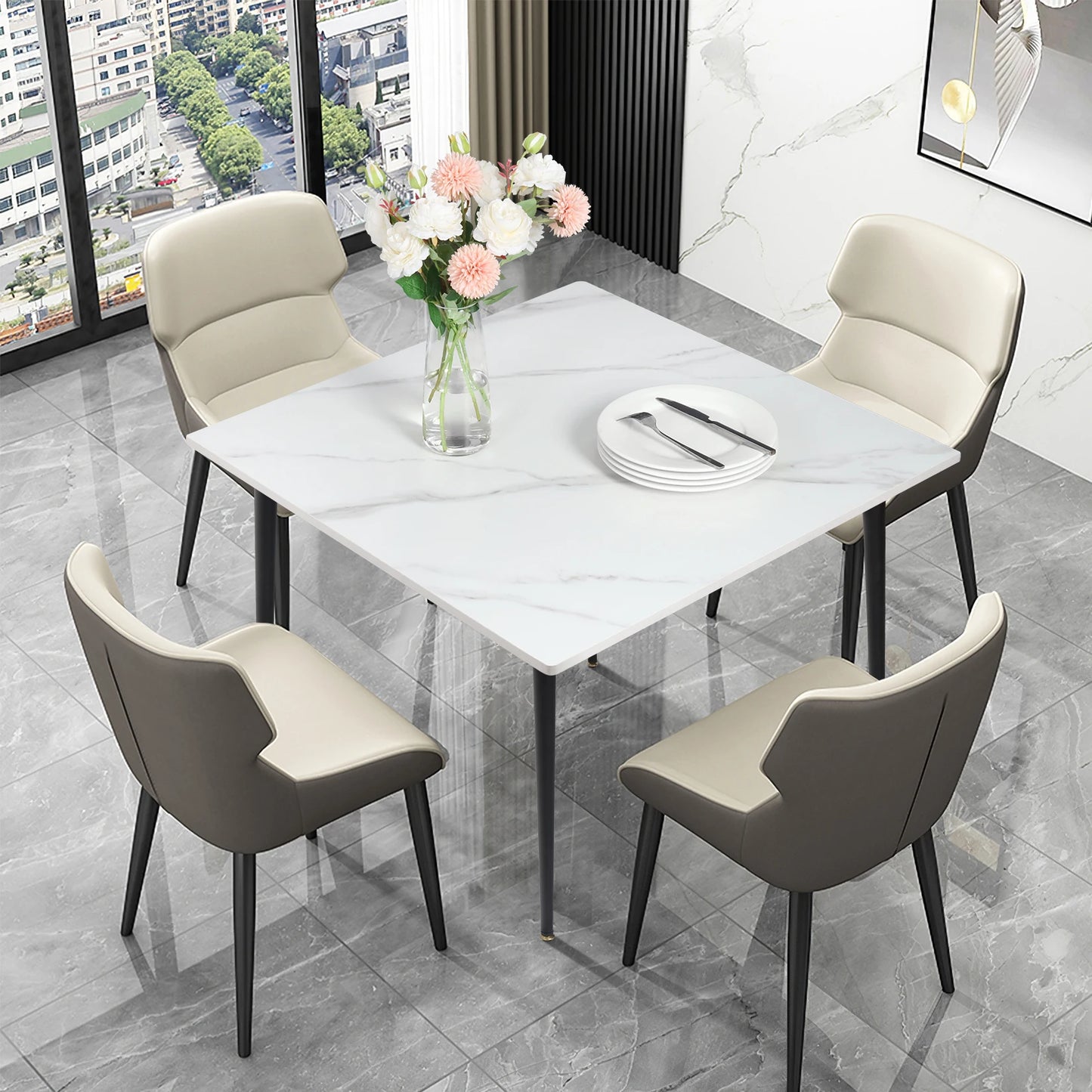 Mid-Century Slate Kitchen Dining Table with Sintered Stone Top and Metal Legs