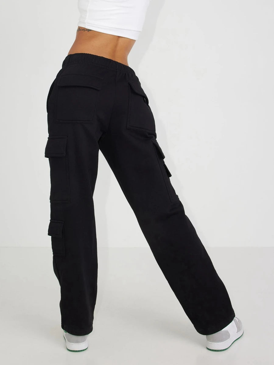 Casual Baggy Cargo Sweatpants for Women Elastic Low Waisted Straight Leg Athletic Joggers Pants with Pockets