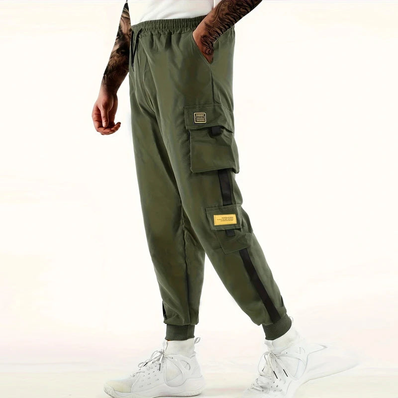 Loose Fit Multi Pocket Joggers For Spring Summer, Men's Street Style Waist Drawstring Casual Cargo Pants For Fitness Outdo