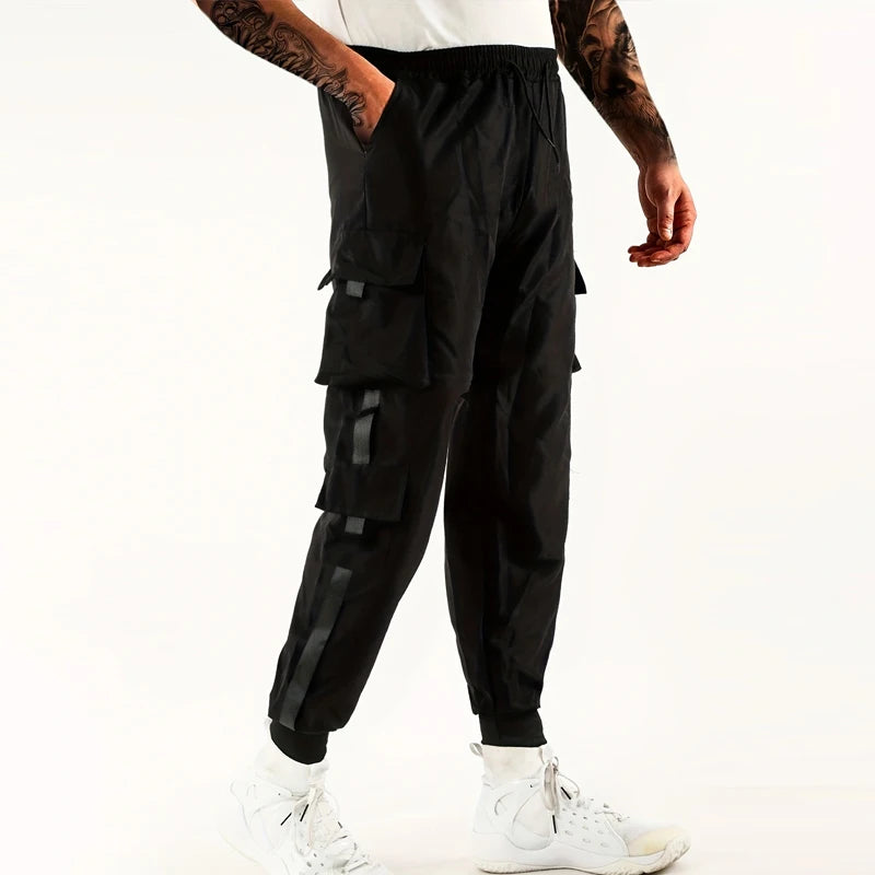 Loose Fit Multi Pocket Joggers For Spring Summer, Men's Street Style Waist Drawstring Casual Cargo Pants For Fitness Outdo