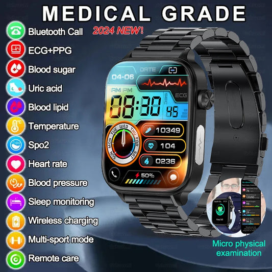 New ECG+PPG Uric Acid Non-Invasive Blood Glucose Smartwatch Men Bluetooth Call Heart Rate Blood Pressure Smart Watch