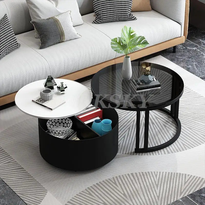 Coffee Table Light Luxury Modern Apartment Simple Round Tempered Glass Iron Storage