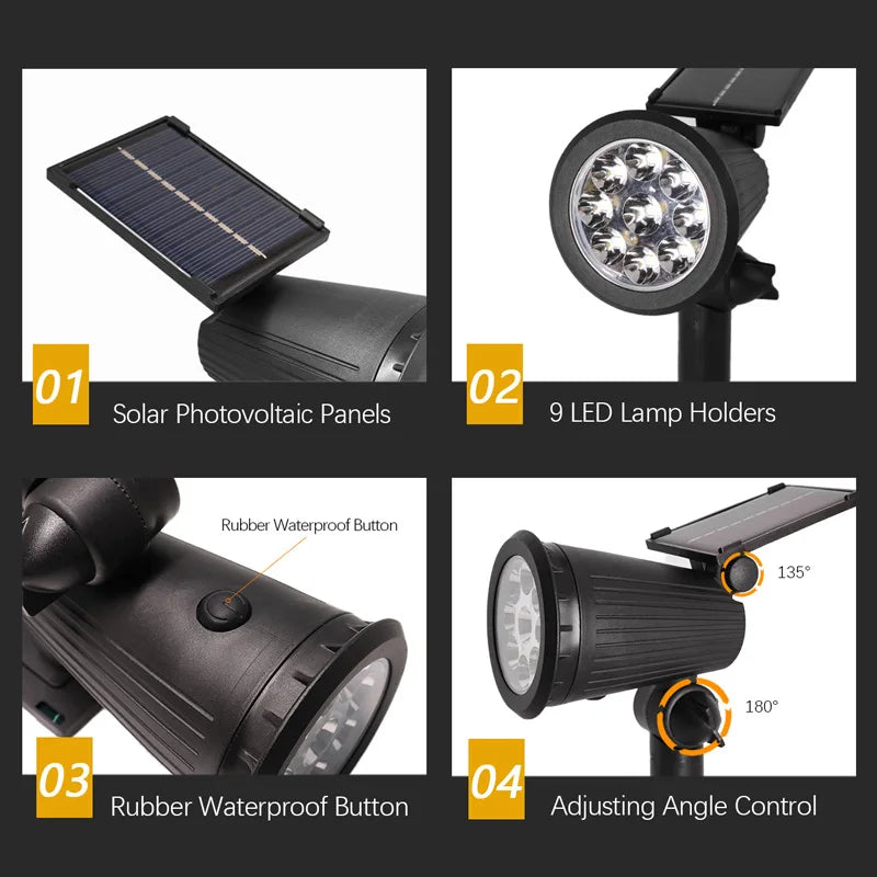 9 LED Solar Spotlights,Outdoor IP65 Waterproof,Spot Lights,Brightness Adjustable for Garden Backyard Driveway Patio Law Decor