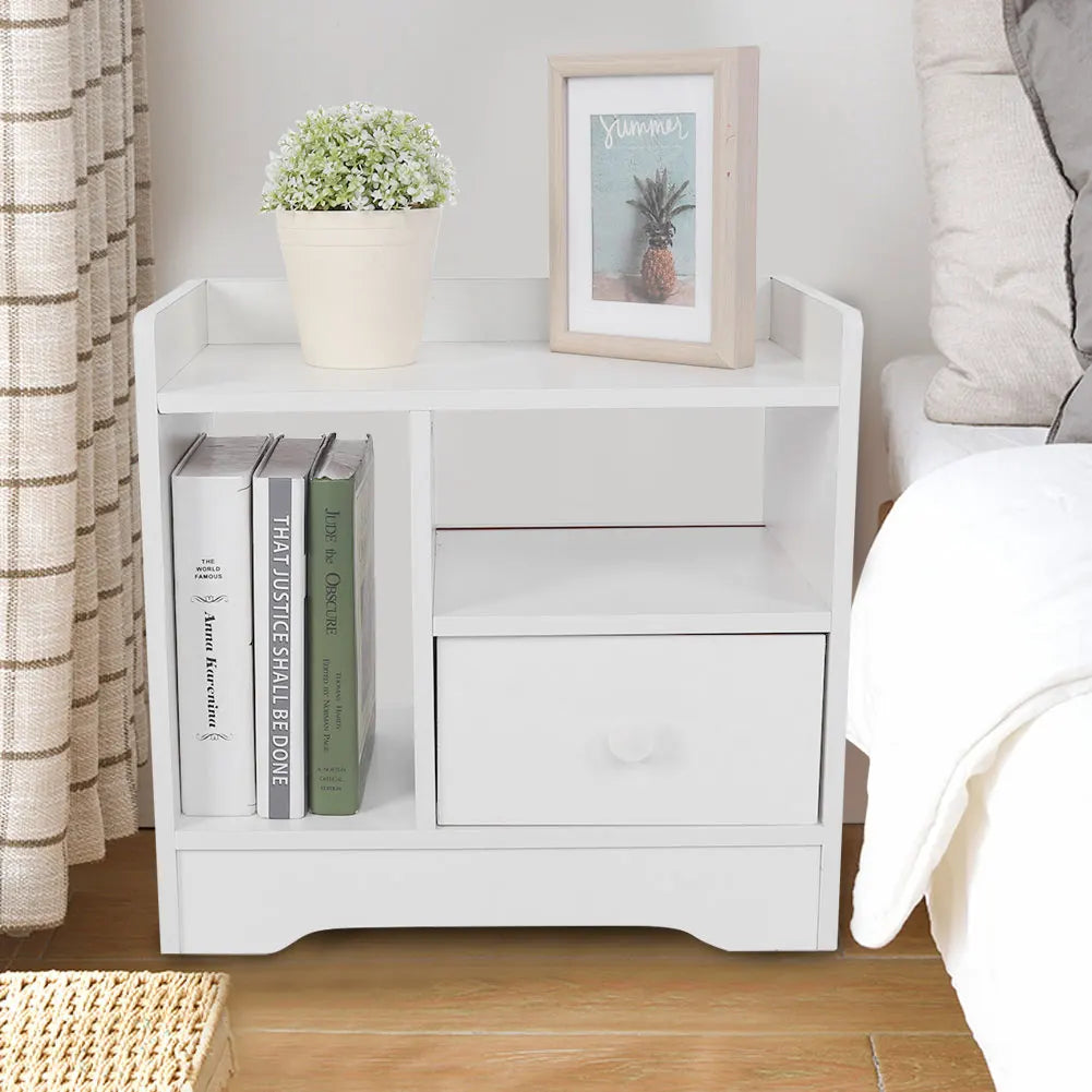 Bedroom Bedside Table Night Stand Cabinet with Drawer Home Storage Organizer (White)