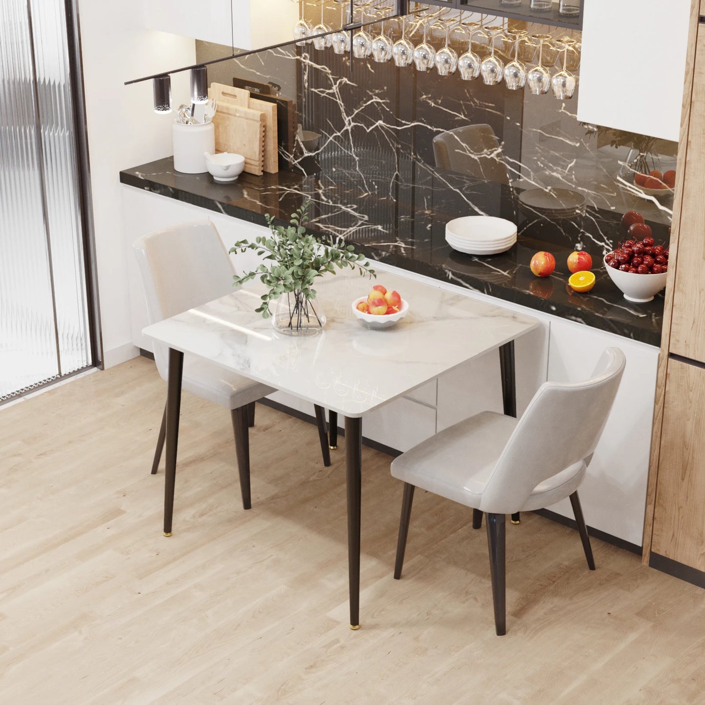 Mid-Century Slate Kitchen Dining Table with Sintered Stone Top and Metal Legs