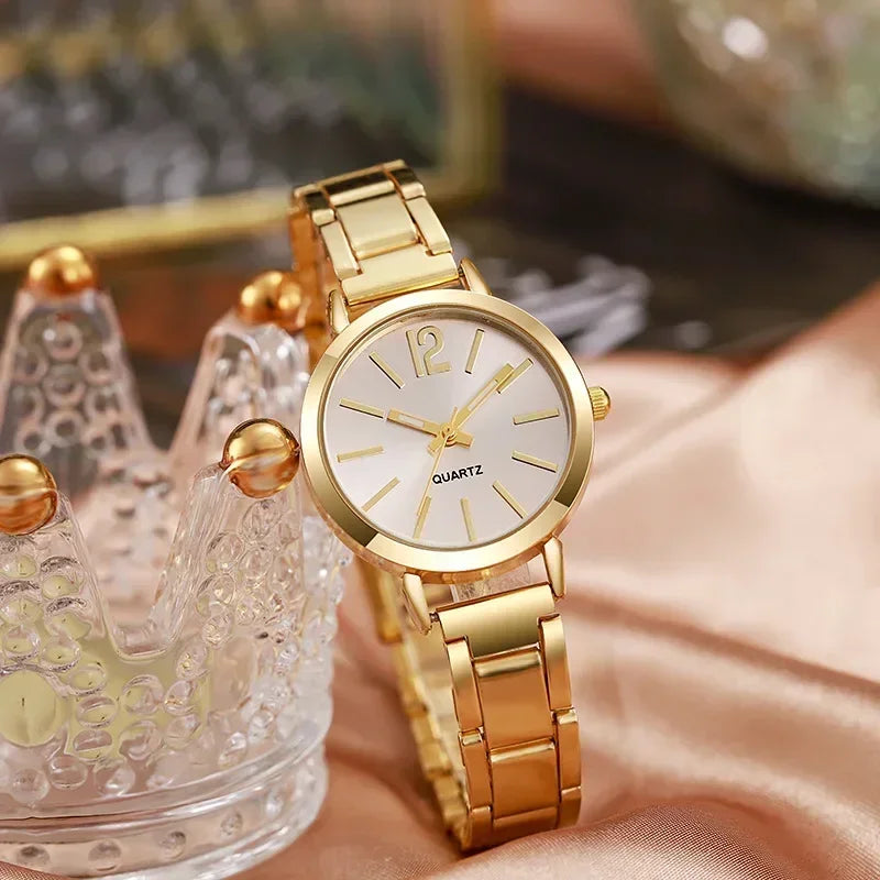 Luxury Watch for Women Simple Round Dial Stainless Fashion Gold Bracelet Quartz