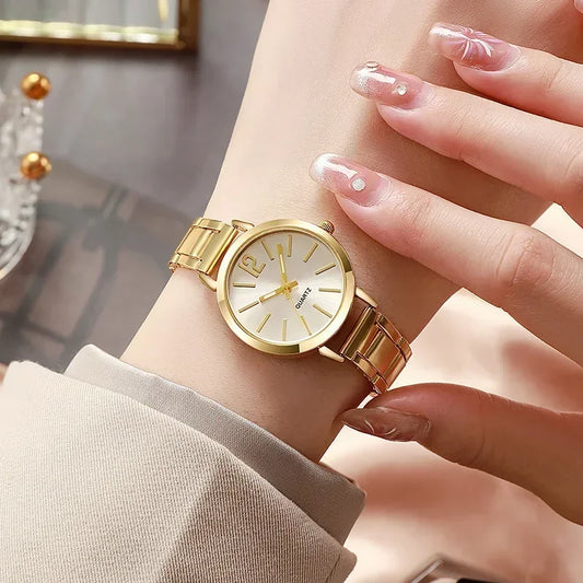 Luxury Watch for Women Simple Round Dial Stainless Fashion Gold Bracelet Quartz