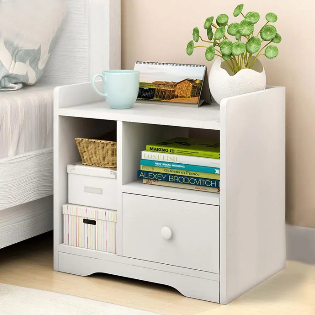 Bedroom Bedside Table Night Stand Cabinet with Drawer Home Storage Organizer (White)