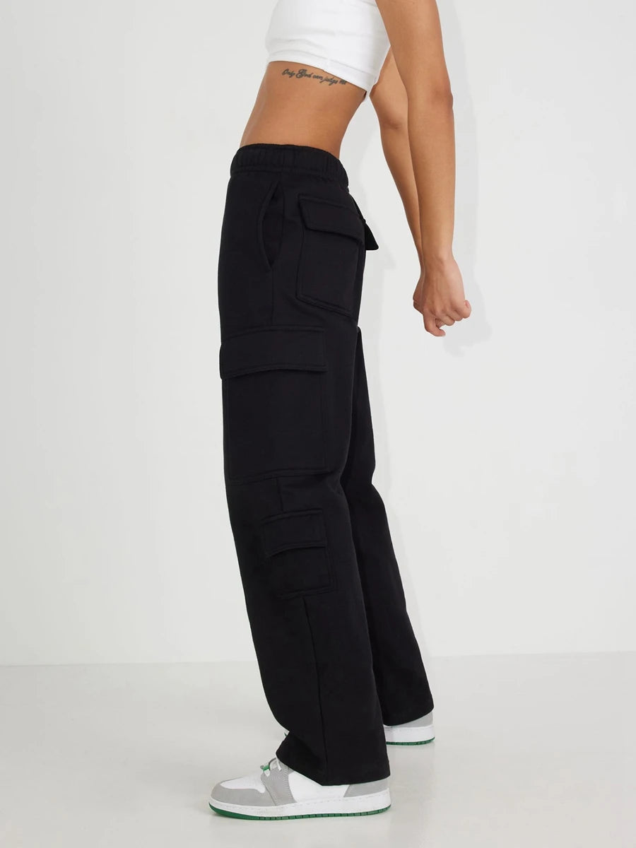 Casual Baggy Cargo Sweatpants for Women Elastic Low Waisted Straight Leg Athletic Joggers Pants with Pockets