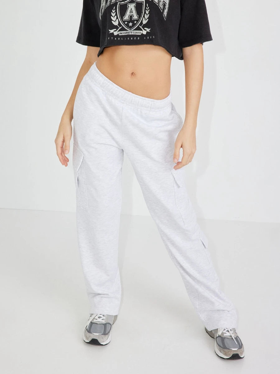 Casual Baggy Cargo Sweatpants for Women Elastic Low Waisted Straight Leg Athletic Joggers Pants with Pockets