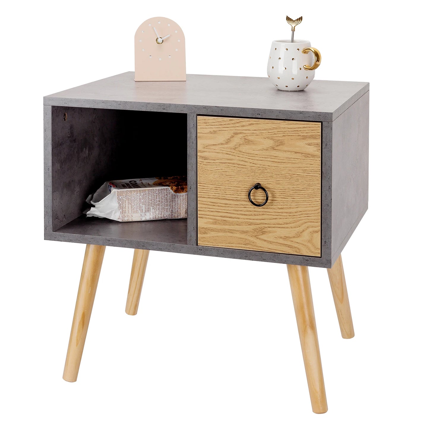 Grey Nightstand Waterproof Bedside  Coffee Table with Small Drawer Open Wooden Storage Compartment for Living Room Bedroom