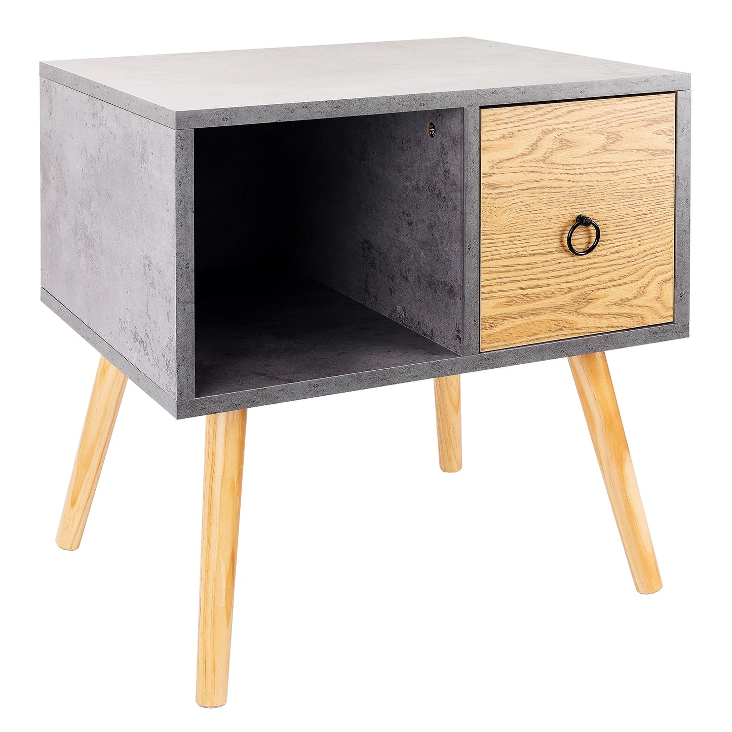 Grey Nightstand Waterproof Bedside  Coffee Table with Small Drawer Open Wooden Storage Compartment for Living Room Bedroom