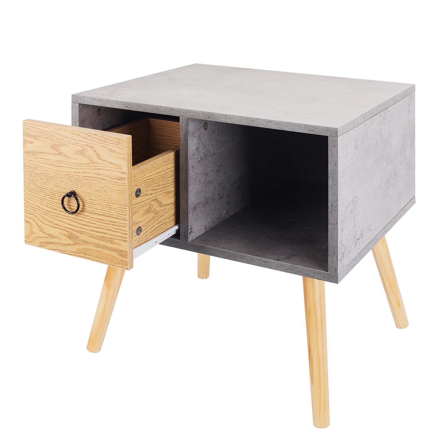 Grey Nightstand Waterproof Bedside  Coffee Table with Small Drawer Open Wooden Storage Compartment for Living Room Bedroom